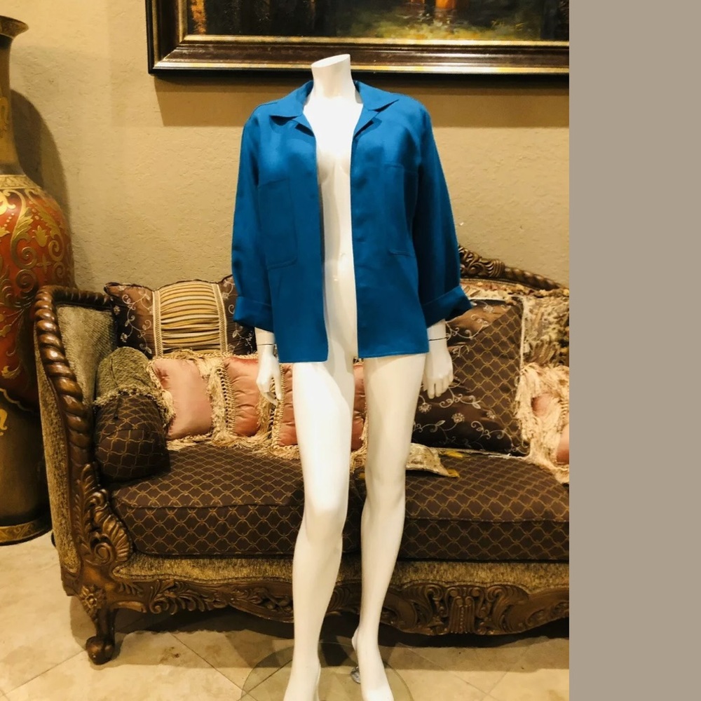 Eileen Fisher Turquoise Linen Open Front Jacket 6